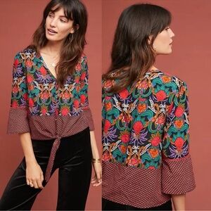 Maeve Anthropologie Carter blouse floral patchwork tie front top Sz 6